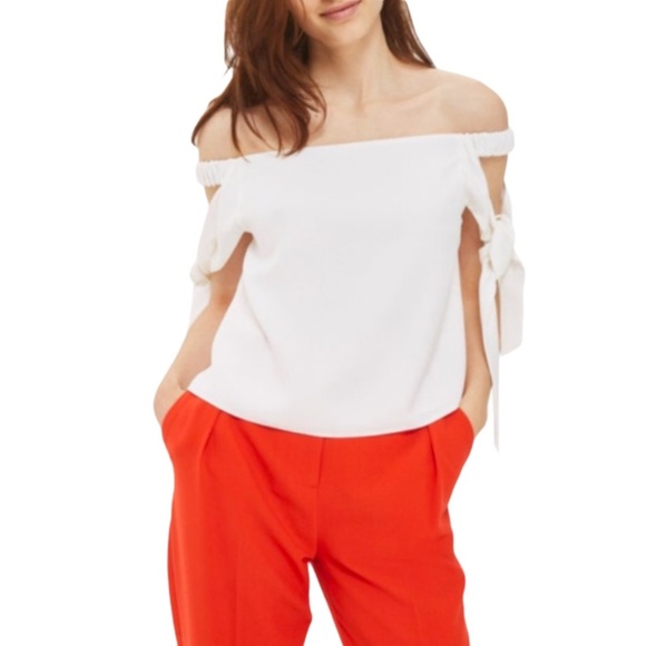 NEW ✨TOPSHOP IVORY BARDOT TIE SLEEVE TOP NWT - Picture 1 of 8